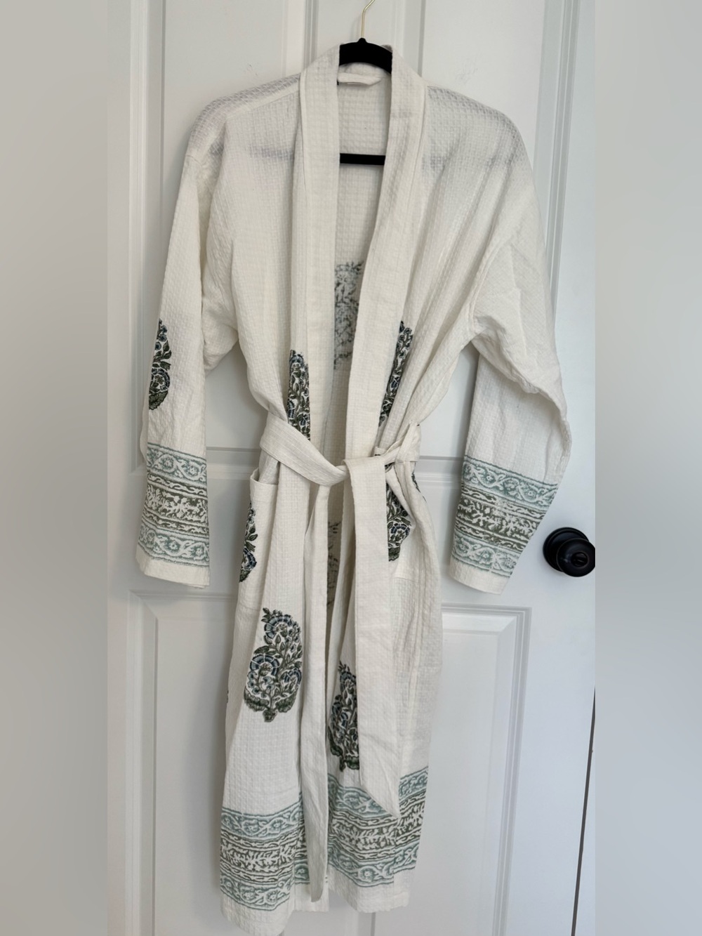 Artisan Loomed 10k Villages Waffle-Knit Robe White Blue Green